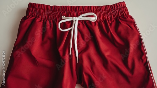 Red athletic shorts with a white drawstring and elastic waistband, designed for comfort and style. Perfect for casual wear or sports activities.