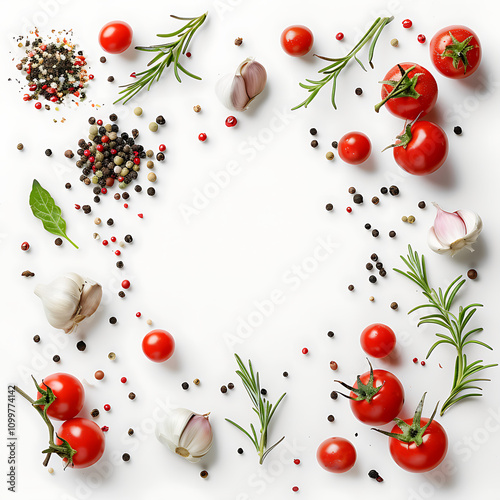 fresh vegetables and herbs, Fresh herbs and vegetables forming border on white background, Herbs, spices and vegetables at white kitchen table.