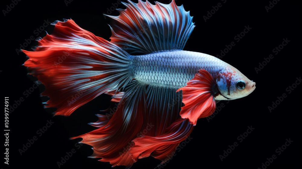 Fototapeta premium A single majestic betta fish with flowing fins, illuminated by soft lighting against a dark background.