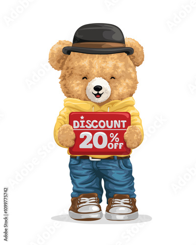 Cute Teddy Bear in Hat Holding Discount Sign Offering 20% Off