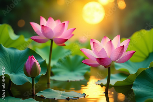 A beautiful pink lotus flower blooming in a serene pond surrounded by lush green leaves