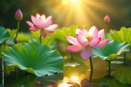 A beautiful pink lotus flower blooming in a serene pond surrounded by lush green leaves