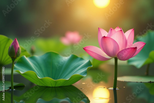 A beautiful pink lotus flower blooming in a serene pond surrounded by lush green leaves