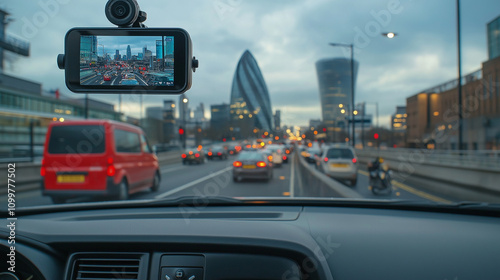 City traffic viewed from a car with a dashcam recording the bustling streets during twilight hours