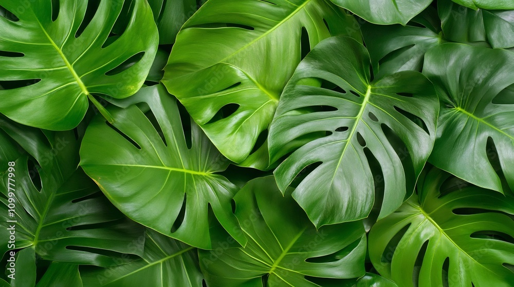 Fototapeta premium Bright and Lush Green Tropical Leaves with Soft Light and Shadow Play