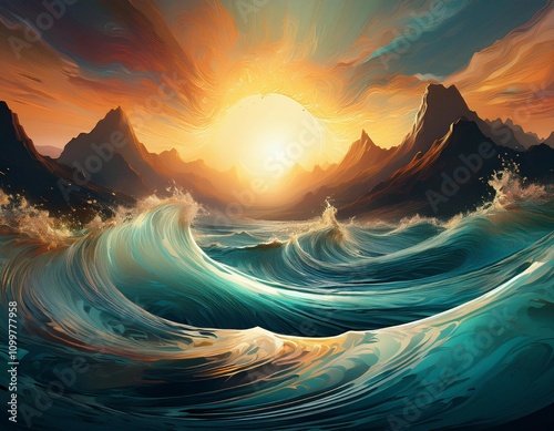 abstract ocean wave and mountains with celestial sun in surreal landscape