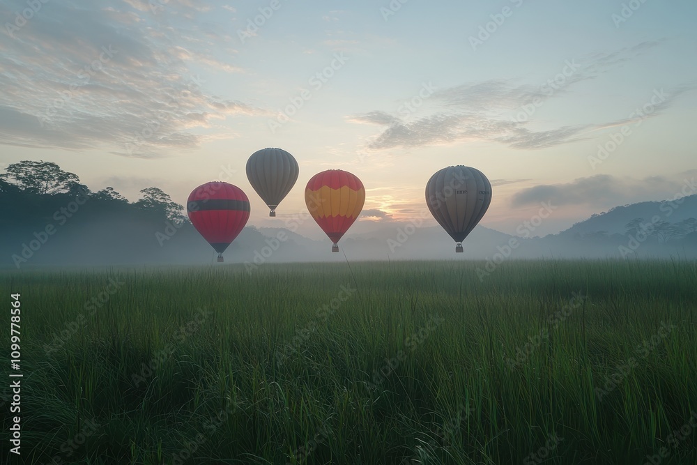 Fototapeta premium Four hot air balloons soar over a misty field at sunrise. Perfect for travel, adventure, and freedom themes.