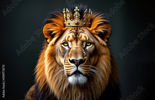 Majestic lion wears golden crown. Powerful image of lion. Exudes strength. Symbol of power, royalty. Spiritual, religious theme. Represents faith, strength. Lion king. Perfect for religious themes photo