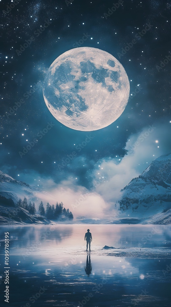 Fototapeta premium Silhouetted figure stands by a serene lake under a giant moon.