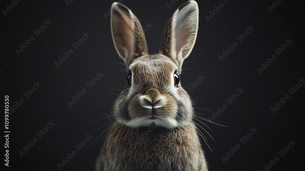 Obraz premium Close-up of a rabbit against dark background, Sharp whiskers and soft fur details, Intimate wildlife portrait with vibrant focus