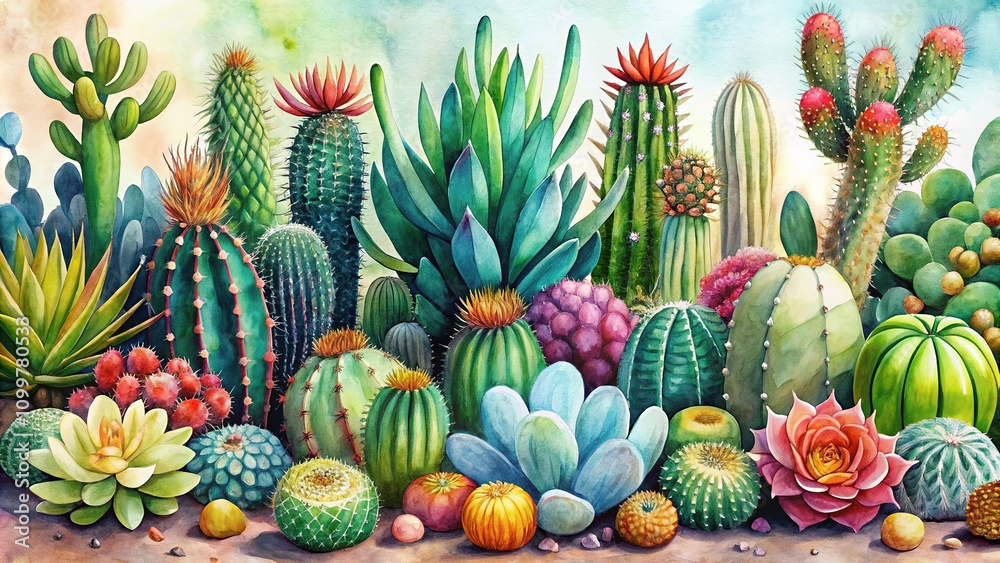 Obraz premium Watercolor botanical print of cacti and succulents.