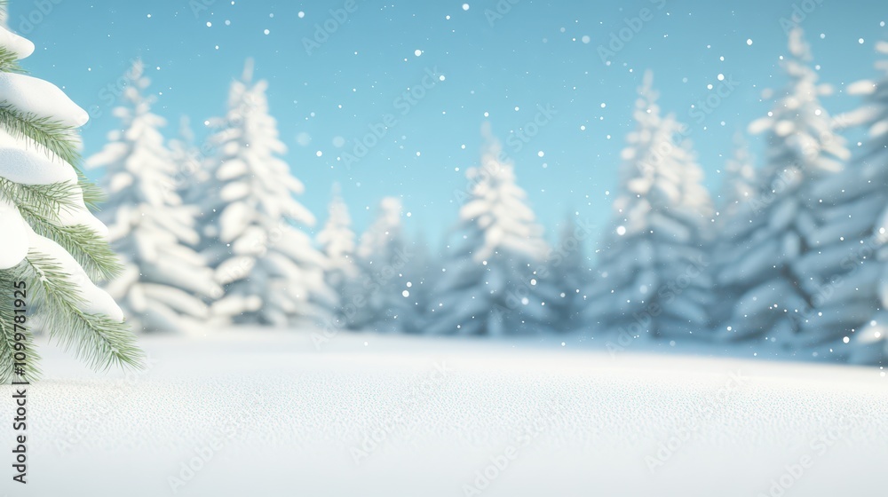 Obraz premium Snow-covered evergreen trees in a serene winter landscape on a bright, overcast day, showcasing natural beauty and stillness.