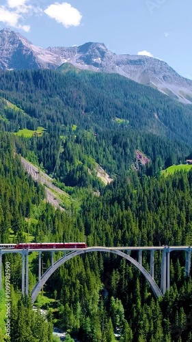 Red train crosses Langwieser viadukt bridge Pine forest mountains Switzerland, vertical video. photo