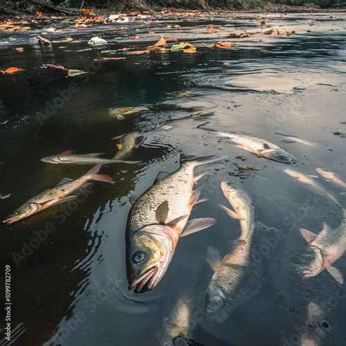 a powerful photograph of a polluted river with dead fish floating on the water surface