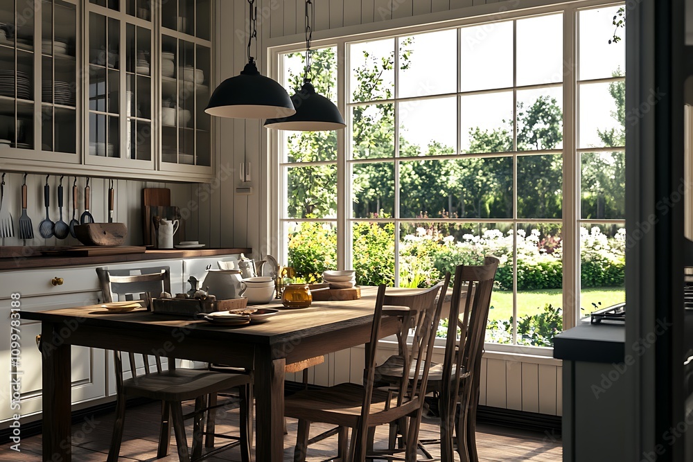 Fototapeta premium Sunlit Farmhouse Kitchen Table With Garden View