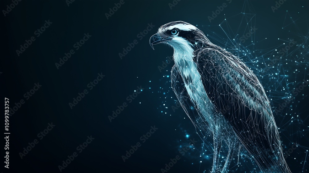 Fototapeta premium Osprey in Abstract Low Poly Wireframe with Dark Background, Glowing Particles, and Copy Space – Stylish Seabird Design with Modern Digital Aesthetic