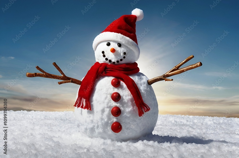 Obraz premium Cheerful snowman, standing tall in a pile of snow, basks in the winter sun.