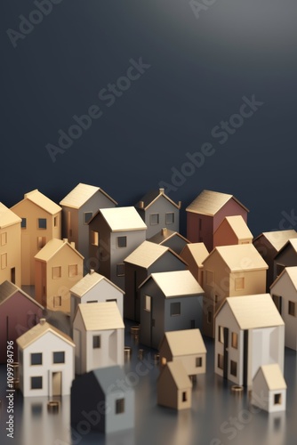 Colorful tiny houses sit among stacks of coins, emphasizing wealth and affordable living.