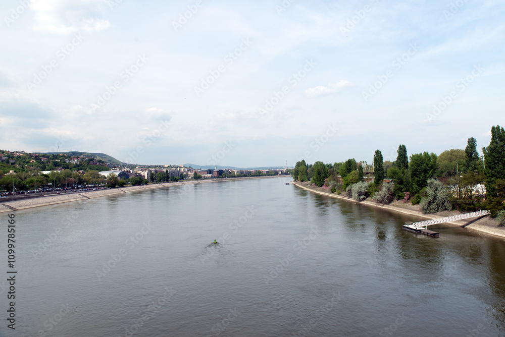 Danube view at Budapest, Hungary, with Margaret island on the left Danube view at Budapest, Hungary, with Margaret island on the left