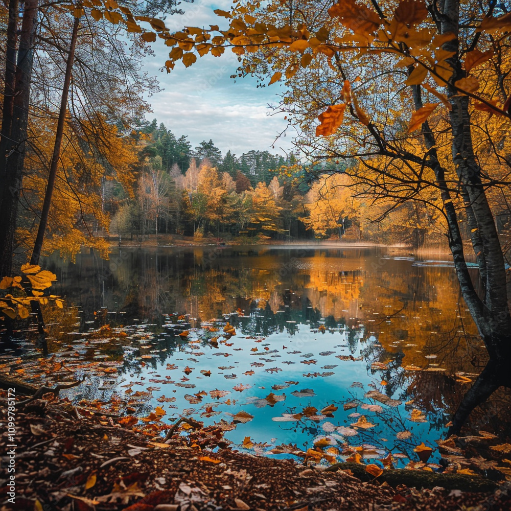 Fototapeta premium Autumn Reflections on a Tranquil Lake
