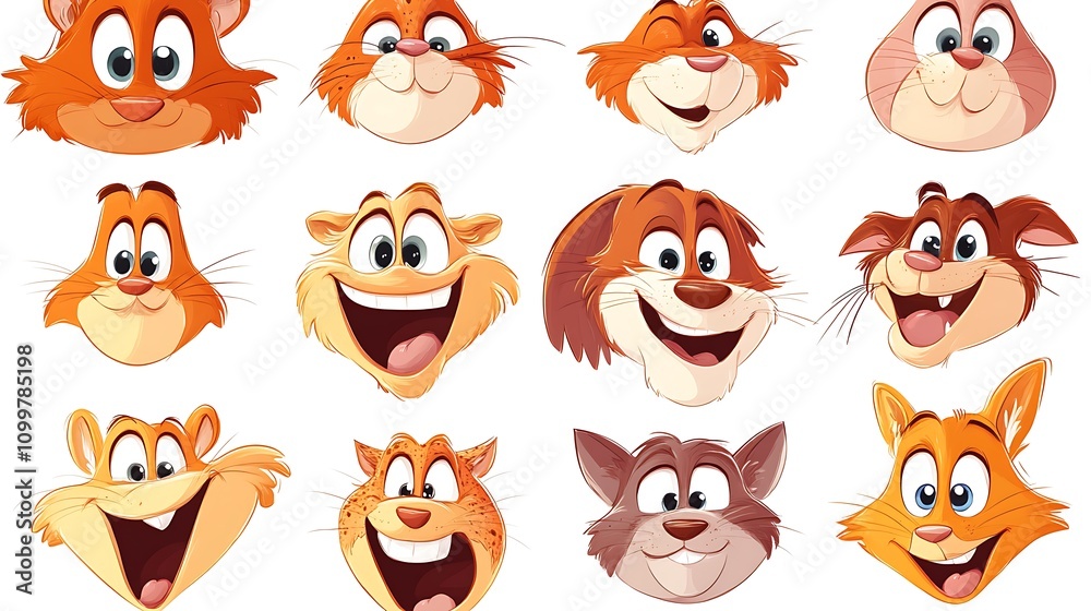 Fototapeta premium A collection of cheerful cartoon animal faces, each with unique expressions, drawn on a white background for playful designs 