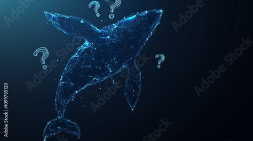 Abstract Whale with an Array of Question Marks, Featuring a Dark Blue Background, Low Poly Wireframe, and Glowing Particles for a Contemporary Digital Design. photo