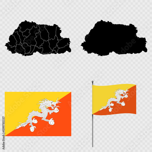 Set of maps, flag and flagpole of Bhutan. Vector illustration.