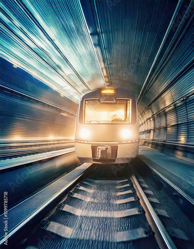Photorealistic image of a moving Underground train seen head-on in a tunnel photo