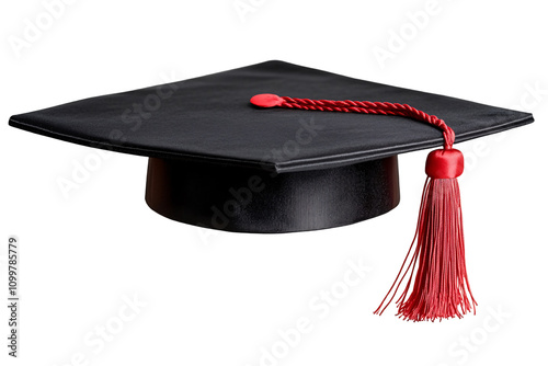 a black graduation cap with a red tassel