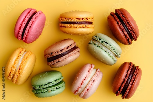 Wallpaper Mural Colorful assortment of macarons on a vibrant yellow background Torontodigital.ca