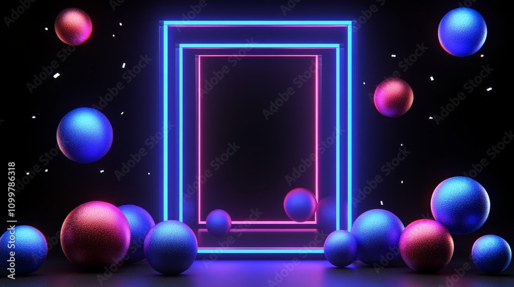 Obraz premium Neon Glowing Frame with Abstract Spheres
