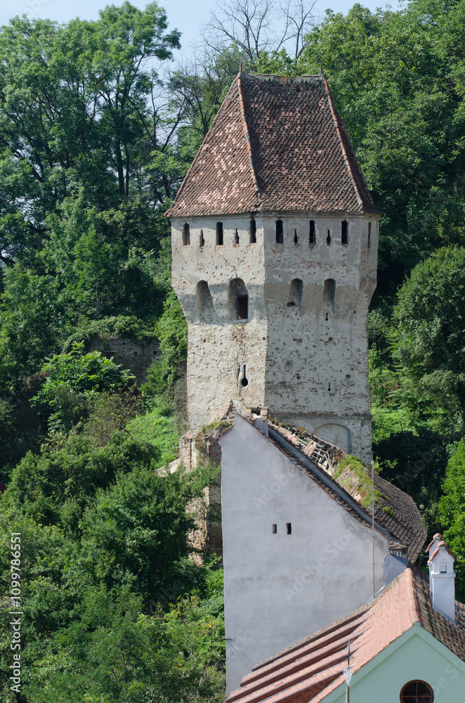 Fototapeta premium The Tin Coaters Tower from the Sighisoara citadel located in the heart of Transylvania, Romania. Central Sighisoara has preserved the features of a small medieval fortified city.