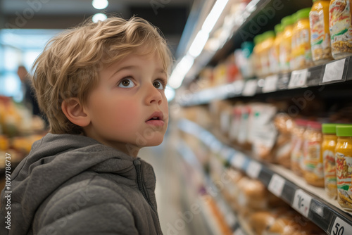 Children gaze in wonder as they explore the colorful aisles of a grocery store photo