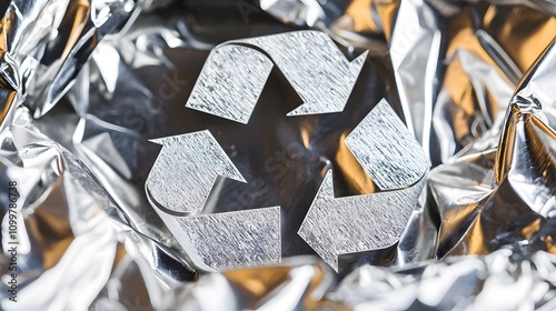 Recycling Symbol on Crumpled Aluminum Foil