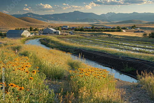 Wallpaper Mural A tranquil farm landscape with vibrant flowers and lush fields at sunset Torontodigital.ca