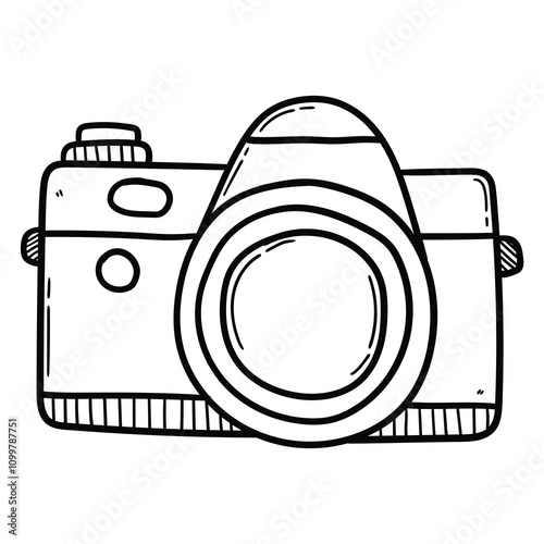 Hand drawn doodle photo camera on white background.