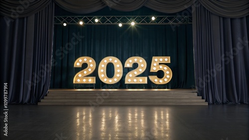 Illuminated "2025" stage decor with draped curtains