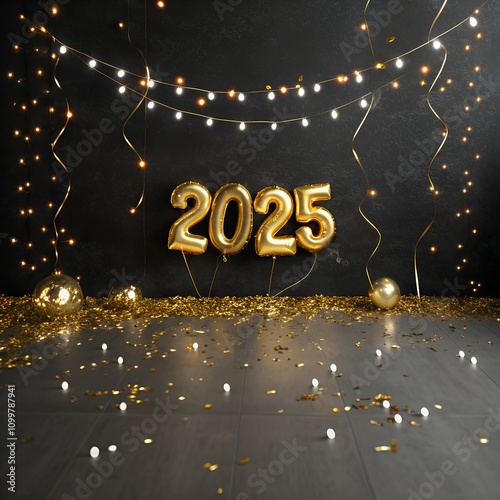 Golden "2025" balloons with confetti and string lights