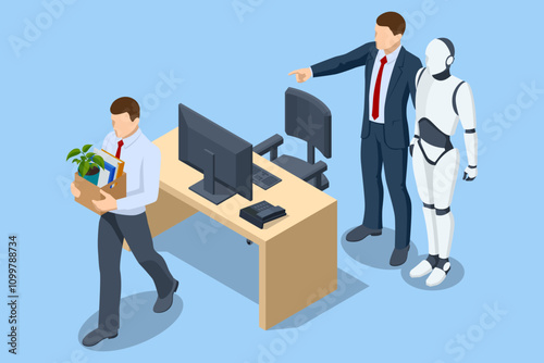 Isometric AI and robotics have replaced humans in workplaces, causing job losses and rising unemployment, particularly among business professionals. IT team of future. Futuristic worker.