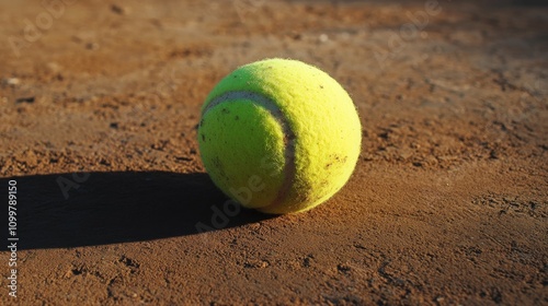 Vibrant greenish-yellow tennis ball positioned on a textured clay court, showcasing its fuzzy exterior and shadow on the surface. photo