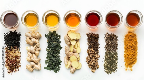 A selection of herbal teas, honey, and ginger root neatly arranged on a white background, focusing on natural immune boosters  photo