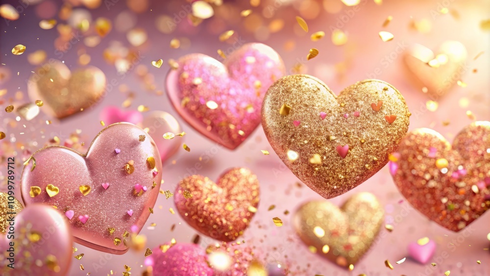 Obraz premium Glittery Pink and Gold Hearts with Confetti on a Soft Pink Background for Festive Celebrations and Romantic Occasions