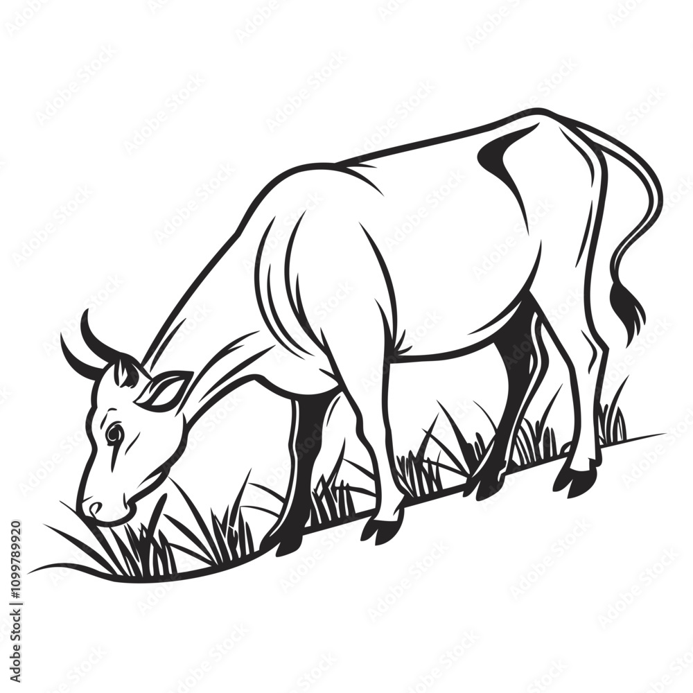 Fototapeta premium Black vector Silhouette and Outline of a cow is eating grass Isolated on white background