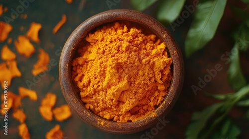 Vibrant Turmeric Powder in a Wooden Bowl Surrounded by Green Leaves Highlighting Its Rich Color and Texture photo