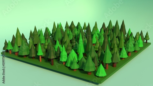 3d rendering of low poly evergreen forest at sunset