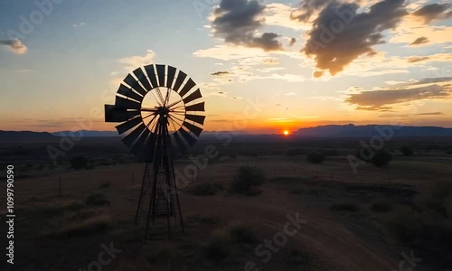 Silhouette of a windmill at sunset in a rural setting.