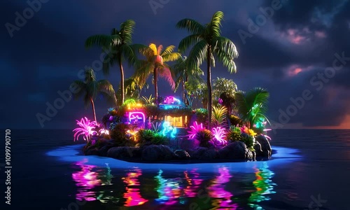 Small island with neon lights and palm trees at night.