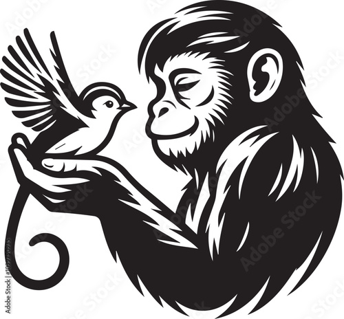 A Chimpanzee Gently Holding a Bird, Symbol of Peace and Harmony. A captivating black and white graphic design showcases a chimpanzee cradling a small bird in its hand.