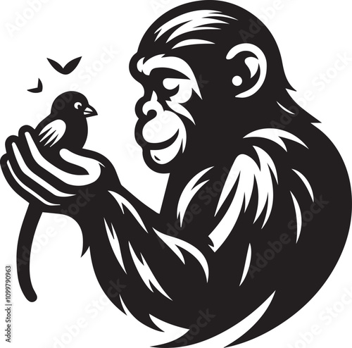 A Chimpanzee Gently Holding a Bird, Symbol of Peace and Harmony. A captivating black and white graphic design showcases a chimpanzee cradling a small bird in its hand.