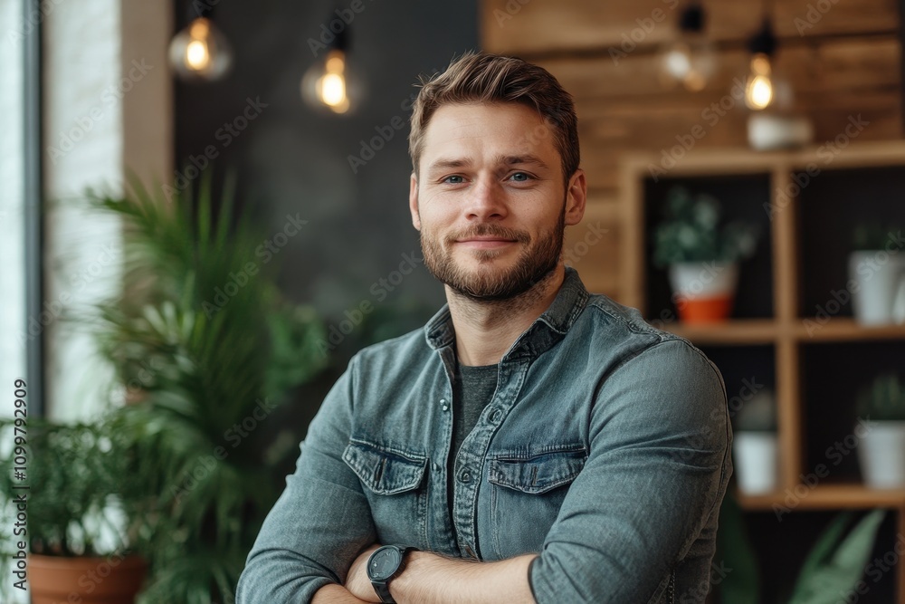 Fototapeta premium Young man with stylish beard poses confidently in a modern indoor setting with plants